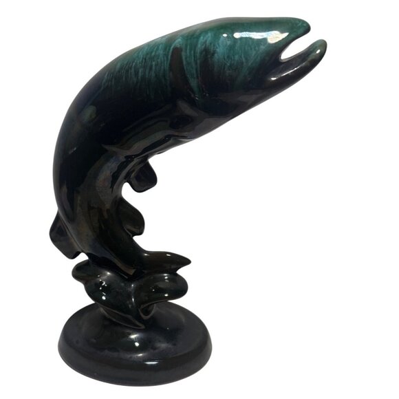Blue Mountain Pottery Fish Figure Jumping Trout Green Drip Glaze 7" Canada Vtg - Picture 1 of 7